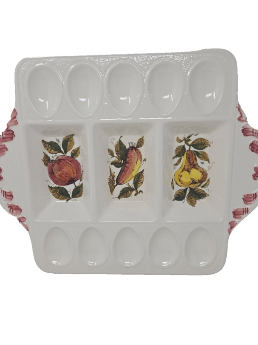 Vintage MCM 10 Deviled Egg 3 Well Snack Crudite Ceramic Serving Platter 14 x 12"